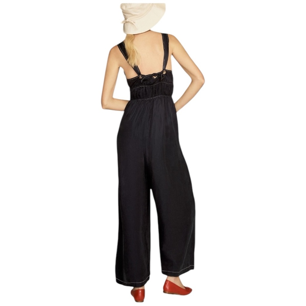 Sancia The Oda V Neck Elegant Navy Blue Smocked Linen Tencel Jumpsuit NWTA - Picture 5 of 9